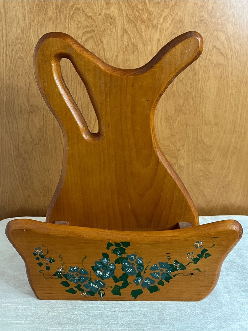 Vintage Wooden Pitcher & Bowl Wall Pocket Hand Painted Folk Art Mail Holder